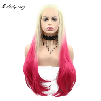Melody Синтетические парики на кружеве спереди Термостойкие #613 Блонд Омбре Розового цвета, длинные шелковистые прямые для женщин, натуральная повседневная одежда