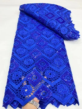 NDPG72 Королевское синее африканское водорастворимое кружево с блестками, оптовая продажа, вышитая гипюровым шнуром кружевная ткань для женского платья!