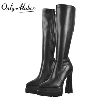 Onlymaker/ женские сапоги до колена на платформе с острым носком и высокой молнией, черные нескользящие ботинки на толстом блочном каблуке с широкими голенищами для вечеринок