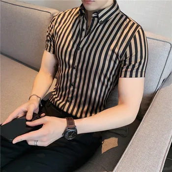 Высококачественная летняя рубашка в полоску для мужчин, облегающие повседневные рубашки с короткими рукавами, модные деловые рубашки для светской жизни, мужская одежда