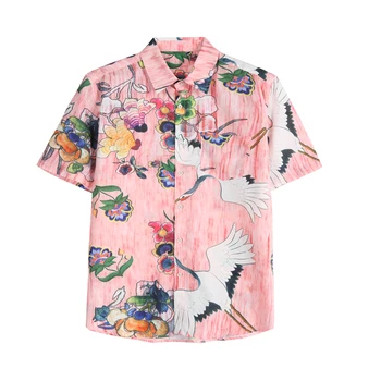 Европейская и американская мужская одежда лето 2022, новая однобортная модная рубашка с лацканами и коротким рукавом розового цвета с принтом журавля