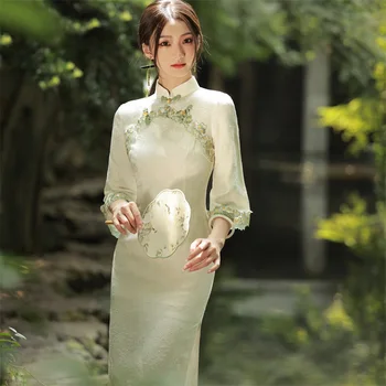 Китайское Традиционное платье Для женщин с рукавом 3/4, Зимний Китайский стиль, боковой разрез, Полый Чонсам Ципао