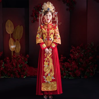 Китайское традиционное свадебное платье, пластина для костюма, пряжка с вышивкой Феникса, Одежда Xiuhe, Платья Невесты, красное платье для выпускного вечера, Чонсам