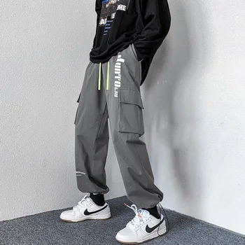 Модные Брюки-карго в стиле Харадзюку, Японская Уличная одежда, Мужские серые брюки, индивидуальность, Широкие брюки для подростков, Мужская одежда в стиле хип-хоп