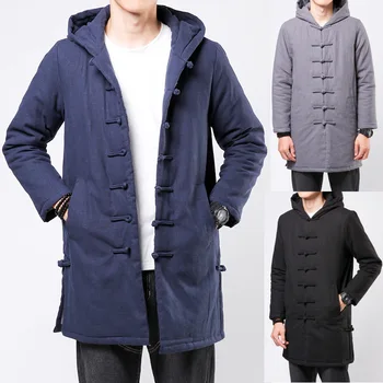 Мужская Зимняя винтажная хлопчатобумажная куртка Tang в национальном стиле, мужская льняная хлопчатобумажная куртка Hanfu средней длины с капюшоном