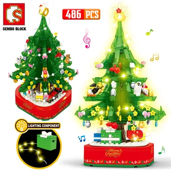 Рождественская тема, Вращающаяся светодиодная музыкальная шкатулка, строительные блоки, сделай сам, Друзья, Домик на дереве, Кирпичи, Игрушки для детей, Рождественские подарки