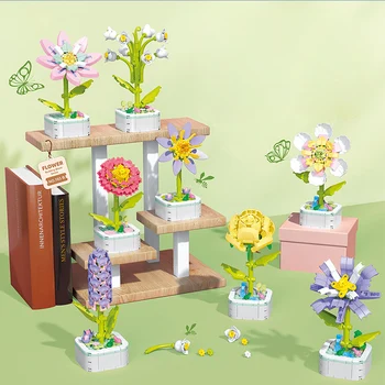 Строительный блок, Имитирующий цветок, Сочная Мини-роза в горшке, Подсолнух, Строительный блок, Кирпичное украшение, Собранная игрушка, подарок для девочки
