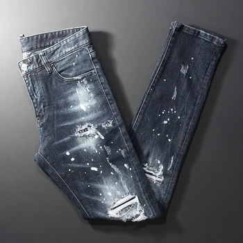 Уличные Модные Мужские джинсы в стиле Ретро, черные, Синие, Эластичные, приталенные, разрисованные Рваные джинсы, Мужские Дизайнерские брюки в стиле хип-хоп с заплатками, расшитые бисером